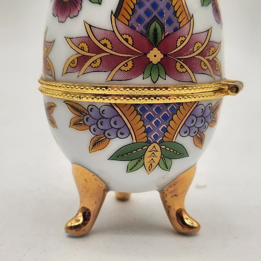 Vintage Porcelain Egg Trinket Box Hinged Footed Floral Gold Trim Limoges Style